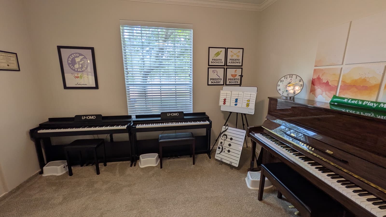 Pianos and note-learning materials in Ms. Shannon's studio